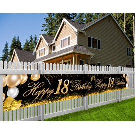 HOWAF Super Large Happy 18th Birthday Banner for 18th Birthday Party Decoration Black and Gold, 18th Birthday Fabric Photo Booth Backdrop Background Banner for Garden Table Wall Decoration, 9*1.2 Feet