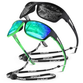 Gafas de sol polarizadas deportivas para hombres y mujeres, gafas rectangulares de pesca, protección UV400, Marco negro/lente ahumado+marco verde negro/lente espejo verde brillante, M