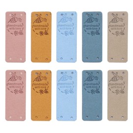 Borsgye 30PCS PU Leather Tags Handmade Embossed Tag Faux Leather Sew on Labels Embellishment Crochet Knitting Labels DIY Jeans Bags Shoes Hat Apparel Accessories 2x5cm - 5 Colors - Bee