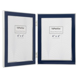 4x6'' Silver Metal Edging double frames With Navy Enamel,Blue Double Photo Frames 6x 4'' Display Your Cherished Photos for Table and Shelf Decor,Home or Gifting Frames (4x6'' Double Blue/Silver)