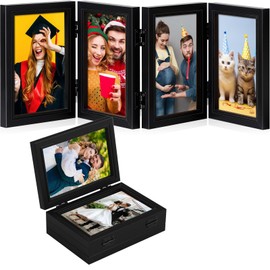 Photo Frame, Hinged Photo Frames 4x6 inch Multiple Pictures, Rustic Wood Effect Folding Picture Frame Photo Stand with High Definition Glass, 4 Opening Photo Frame for Desktop Birthday Gifts