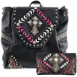 Zelris Western Country Cross Chevron Design Square Rucksack Backpack with Matching Wallet Set (Black Pink)