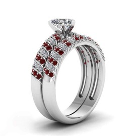 Couple Ring Bridal Set His Hers Women 10k White Gold Filled Heart Garnet CZ Men Tungsten Carbide Band 10k Wedding Ring Band Set