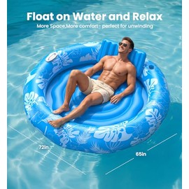 Pool Inflatable Tanning Pool Lounger Float with Sprinkler, 72"x65" Round Pool Float Adults with Pillow XL Cup Holder Handle Blow Up Tanning Bed for Summer Sunbathing Water Lounge Party Gifts, Blue