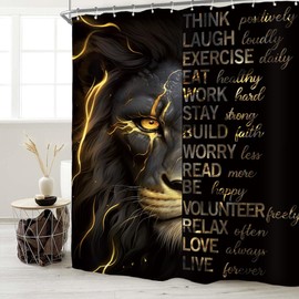 Miyotaa Lion Man Black Gold Shower Curtain Set 60Wx71H Inches Quotes Inspirational Motivational Positive Masculine Male Cool Waterproof Bathroom Curtain with 12 Hooks