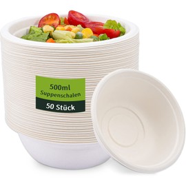 JEFFOUOO Pack of 50 Disposable Soup Bowls, 500 ml Cardboard Bowls, Disposable Bowls, Disposable Bowls, Biodegradable and Compostable, Round Soup Bowls