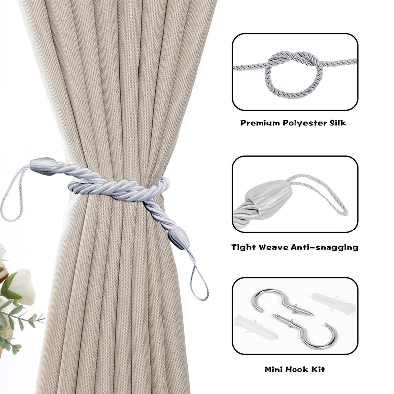 Lollanda 4Pcs Rope Curtain Tiebacks, Drape Tie Backs for Curtain,