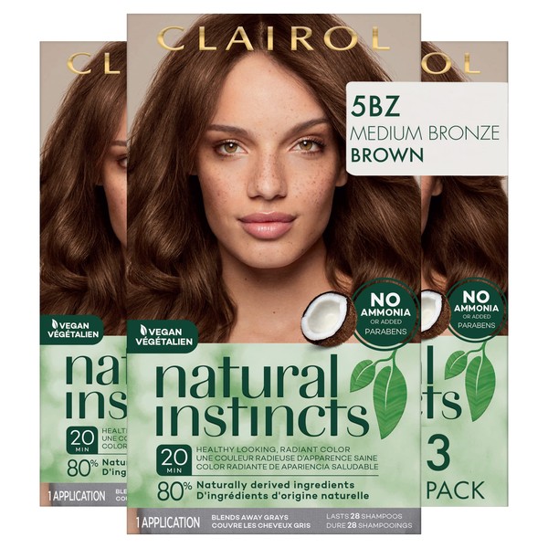 Clairol Natural Instincts Demi-Permanent Hair Dye, 5BZ Medium Bronze Brown Hair Color, Pack of 3