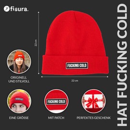 FISURA F*cking Cold Unisex Winter Hat Warm Knitted Acrylic Hat for Men and Women with Funny Saying. Perfect Winter Accessory and Original Gift for Friends and Family., Cold, red
