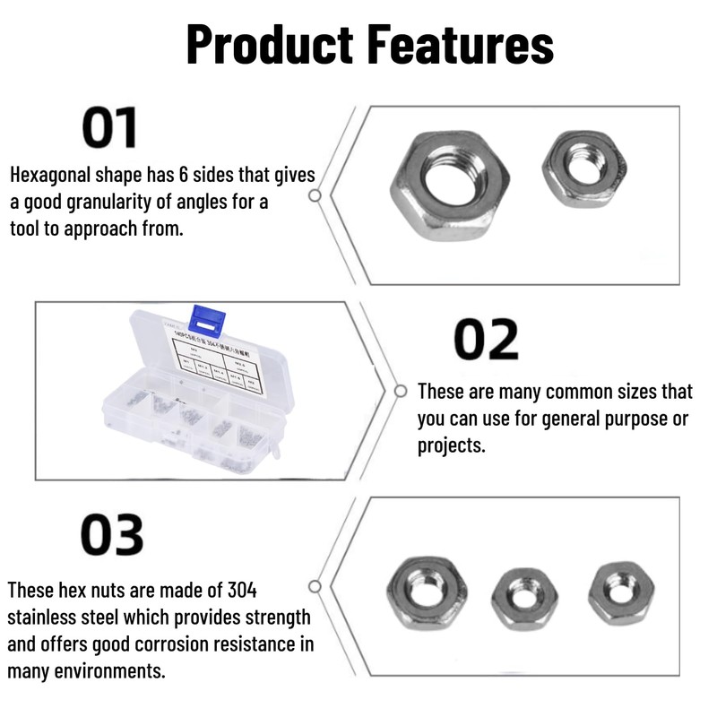 Pack of 140 Hexagon Nuts M1/M1.2/M1.4/M1.6/M2/M2.5/M3 M1.4 Nut Thread Stainless
