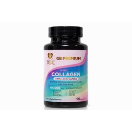 GB Premium Collagen 14 in 1 Complex Capsules, Type I II III V & X, Bovine & Marine Collagen Peptides with Biotin, Vitamin C, Hyaluronic Acid & Keratin, 90 Capsules