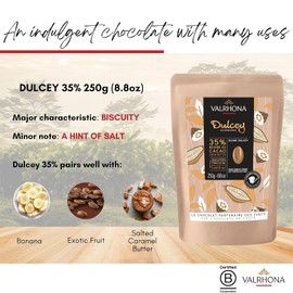Valrhona Premium French Baking Blonde Chocolate Discs (Feves). DULCEY 35% Cacao. Creamy, Caramel Cookie Flavor Notes. Easy Melt & Tempering. Creamy, Balanced, For Luscious Frostings. 250g (Pack of 2)