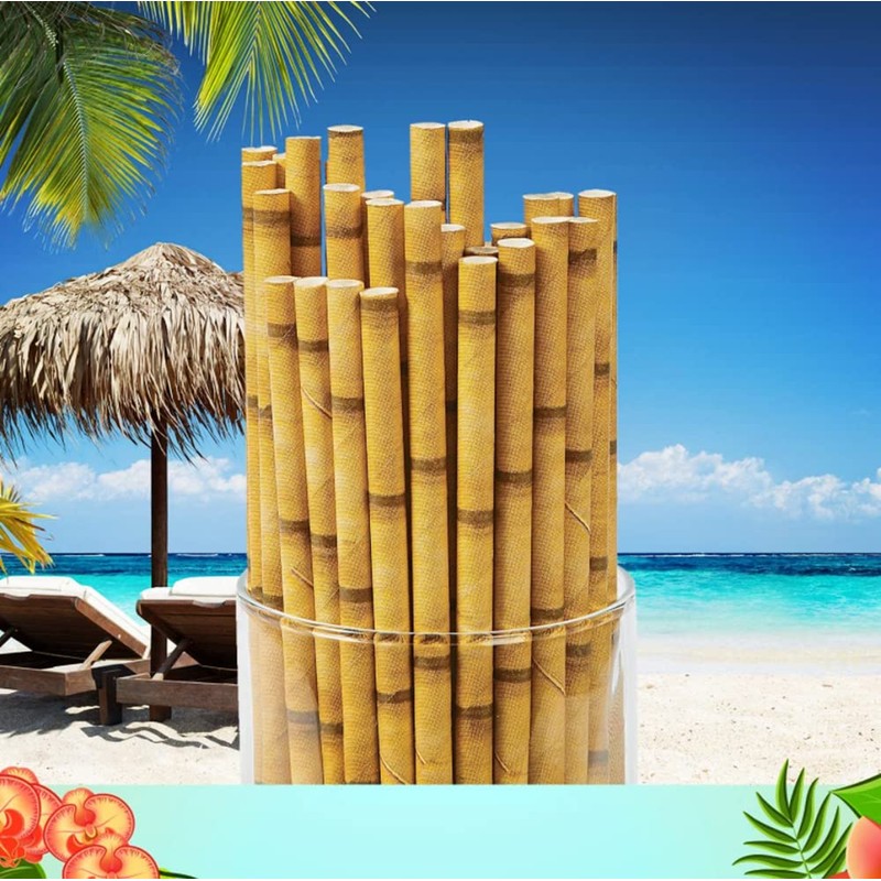 Bamboo Straws for Drinking, 100 Pack Disposable Yellow Bamboo Pattern