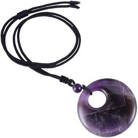 Nupuyai Amethyst Round Pendant Necklace for Women Men, Circle Donut Lucky Coin Amulet Stone Adjustable Braided Cord 18"-28"