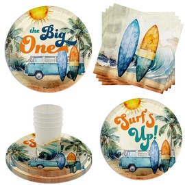 The Big One Surfing 1st Birthday Party Supplies - 64 Piece Surfer First Birthday Tableware Set Includes Large 9" Dinner Plates and 8" Dessert Paper Plates Napkins Cups - Kit for 16