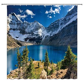 XZMAN Mountain Shower Curtain Nature Landscape Mountain Lake Blue Sky White Cloud Scenic Print Simple Home Fabric Bath Curtain Bathroom Decor Set Include Hooks,(70" WX70 H)