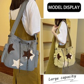 KlaOYer Cute Messenger Bag Canvas Shoulder Bag Star Crossbody Purse Y2K Tote Bag Kawaii Aesthetic Hobo Handbag for Women (Coffee)