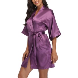 Laurel Snow Women's Satin Robes Bridesmaid Getting Ready Robe Soft Sleepwear Silky Short Kimono Bathrobe for Bridal Wedding Party Purple