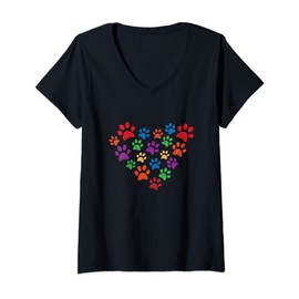 Womens Colorful grunge paw prints in heart shape for cat or dog V-Neck T-Shirt