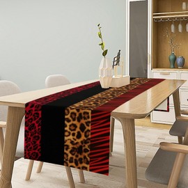 Leopard Print Table Runner,Modern Fashion Style Red Black Seasonal Spring Fall Farmhouse Table Runner for Kitchen Dining Table Décor Bedroom Party Holiday Coffee 13 x 60 Inch