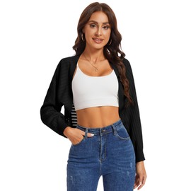 Women's Cropped Bolero Shrugs Lightweight Short Cardigans Long Sleeve Knitted Shrug Sweaters (Black Small)
