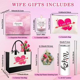 Valentines Day Gifts for Her Wife, Romantic Gifts for Wife from Husband, Cool Wedding Anniversary Gifts for Wife Women with 20 Oz Tumbler Canvas Tote Bag Scented Candle Greeting Card