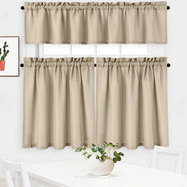 NANAN 3 Pieces Waffle Weave Textured Kitchen Tier Curtains and