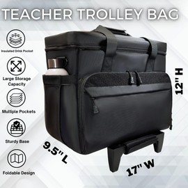 DERABY Rolling Teacher Tote Bag with wheels and Laptop Compartment, Wheeled Teacher Bag for Teaching, Detachable Trolley, Office, Craft, Black