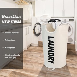 Maxsilan 125L X-Large Laundry Basket, Freestanding Tall Clothes Hamper, Collapsible Laundry Bag, Waterproof with Foam Protected Aluminum Handles for College Dorm, Family,Beige