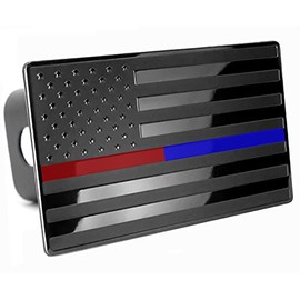 USA US American Flag Emblem Metal Trailer Hitch Cover (Fits 2.5" Receivers, Black Flag with Thin Blue and Red Lines)