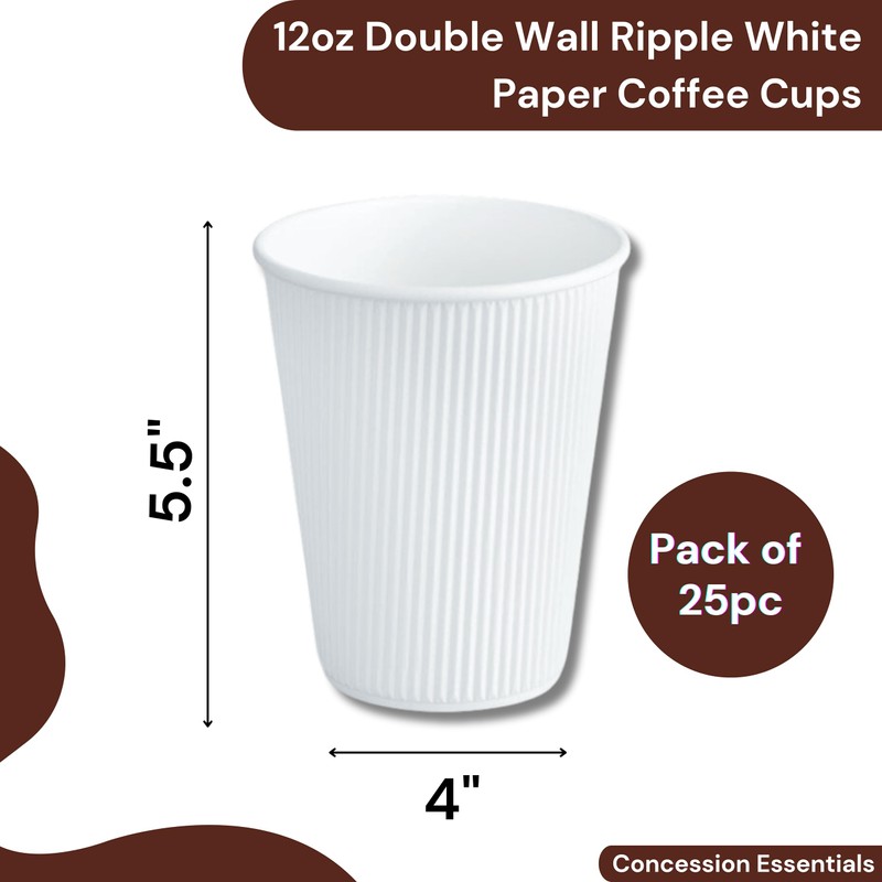 12oz Double Wall Ripple White Paper Coffee Cups- Pack of