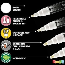 NIMNIK White Chalk Markers - 6 x 3mm Reversible Bullet Nib Liquid Chalk Pens Permanent Markers for Tyres