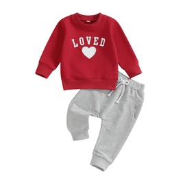 Adobabirl Toddler Baby Boy Valentines Outfit Loved Heart Print Crewneck Sweatshirt and Pants Set Fall Winter Clothes (Loved Heart Red,18-24 Months)