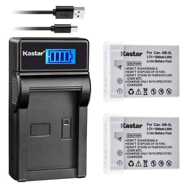 Kastar Battery (X2) & LCD USB Charger for Canon NB-5L