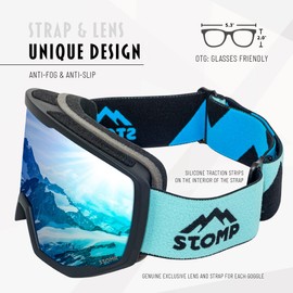 STOMP Ski/Snowboarding Goggles 100% UV400 Protection Replaceable Lens/Straps Goggle for Men, Women & Youth (Matte Blk Frame/Royal Blue Lens VLT 12%)