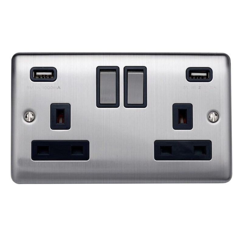 Caradok 2 Gang Double Pole switched socket with USB sockets