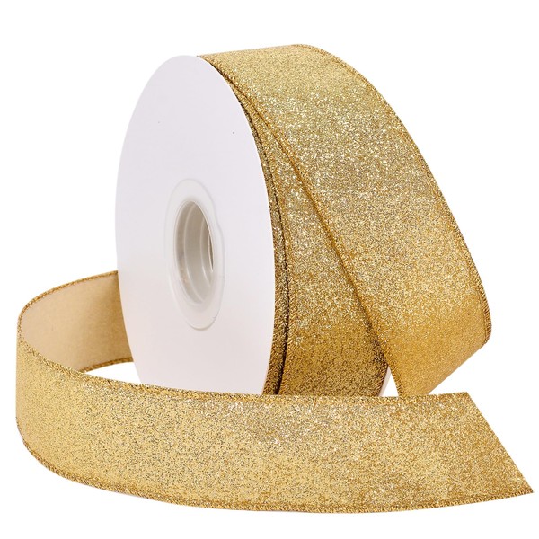 YAMA Glitter Wired Ribbon, Gold, 1-1/2 inch x 20 Yards,