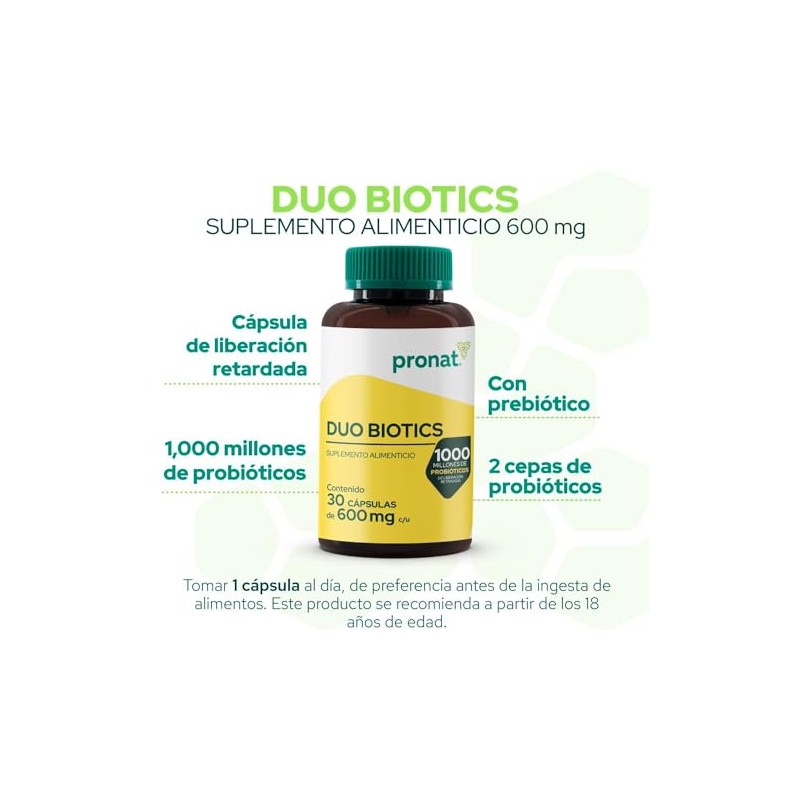 PRONAT Probióticos Duo Biotics, Suplemento Alimenticio, con Prebióticos, 30 Cápsulas