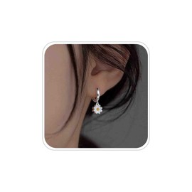 Boho Daisy Flower Charm Hoop Earrings Silver Enamel Daisy Huggie Hoop Earrings Cute Daisy Drop Hoop Earrings Small Flower Hoop Earrings Sunflower Dangle Hoop Earrings Jewelry for Women and Girls