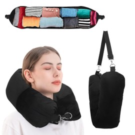 Stuffable Travel Pillow, Ostrich Neck Pillow for Travel, Packable Pillow with Up to 3 Days Clothes, Travel Neck Pillow by Airplane or Car, Essential Travel Accessory (Black)