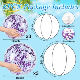 QOUBAI 6 Pcs Inflatable Glitter Beach Balls 16 Inch 24 Inch Large Sparkly Confetti Swimming Pool Balls Clear Sequin Floatable Blow up Balloons Toys for Summer Wedding Birthday Party Decor (Purple)