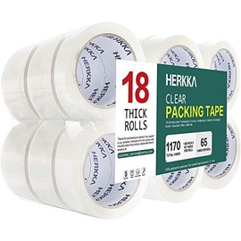 Clear Packing Tape, HERKKA 18 Rolls Heavy Duty Packaging Tape for Shipping Packaging Moving Sealing, Thicker Clear Packing Tape, 1.88 inches Wide, 65 Yards Per Roll, 1170 Total Yards