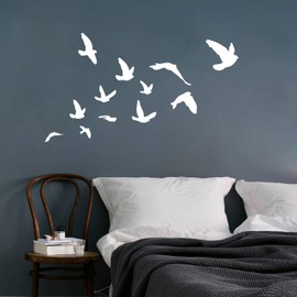 Flying Birds Wall Decal Set of 12 Vinyl Stickers for Office Home Decor Room Art (White)