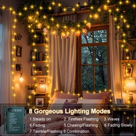 2 Pack Christmas Fairy Lights Battery Operated, Total 66Ft 200 LED String Light with Auto Timer 8 Modes Green Copper Wire Twinkle Lights for Bedroom Wreath Wedding Christmas (Warm White)