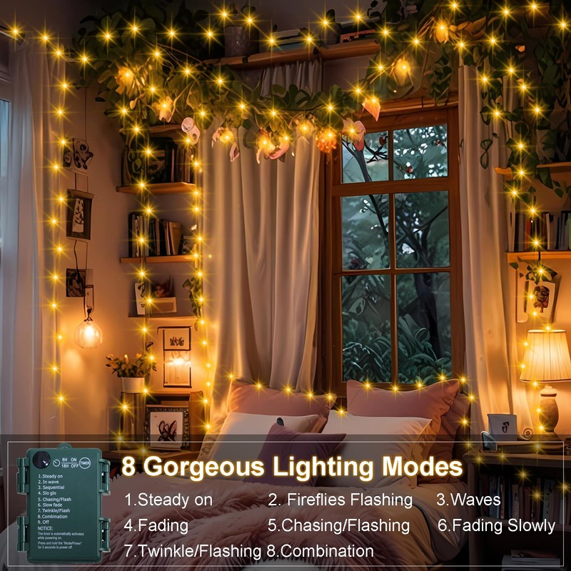 2 Pack Christmas Fairy Lights Battery Operated, Total 66Ft 200