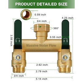 Hose Splitter 2 Way Heavy Duty, Full Flow Garden Hose Splitter with 2 Long Metal Handles, Brass Rust and Freeze Resistant Water Hose Bib Splitter, T Adapter Connector with 3/4 - Inch GHT Thread（Green）