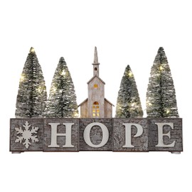 Haute Decor Christmas LED Pre-Lit Tabletop Decorative Wood Blocks (Hope) - Church and Pine Trees - Lighted with Automatic On-Off Timer