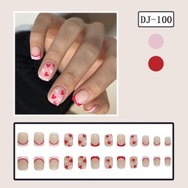 LPOODDNU Valentine’s Press on Nails Short, Square Shape Heart Fake Nails Glossy Pink Red Full Cover Small Hearts Glue on Nails French Acrylic Nails Press ons Valentine’s Day Stick on Nails for Women