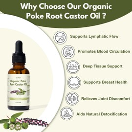 Organic Poke Root Castor Oil – 1 Fl Oz (30ml) Natural Lymphatic Support Massage Oil, Soothing Relief for Cysts, Boils, Breast, Fibroids, Swollen Lymph Nodes & Joint – Deep Tissue Drops