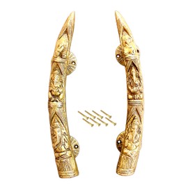 eSplanade - 11" Tusker Style Ganesha Carving Brass Door Handle Pair - Set of 2 | Home Decor | Door Decor | Pair of Brass Door Handles | Pair of Brass Door Pulls
